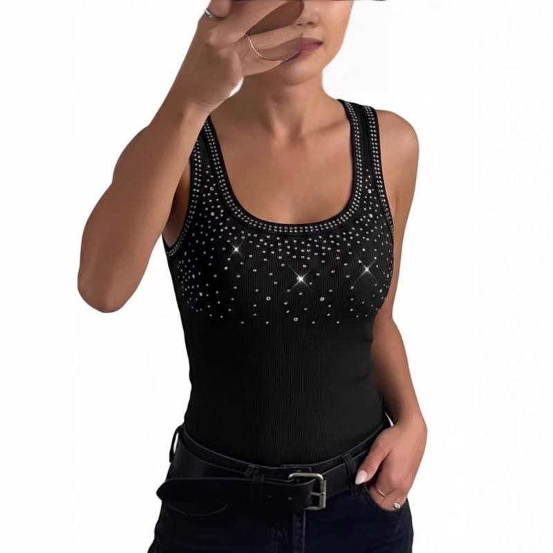 2026 New European and American Women's Fashion Cross-Border Sleeveless U-Neck Tank Top with Sequin Embellishments and Ribbed Slim Fit for Summer Wear
