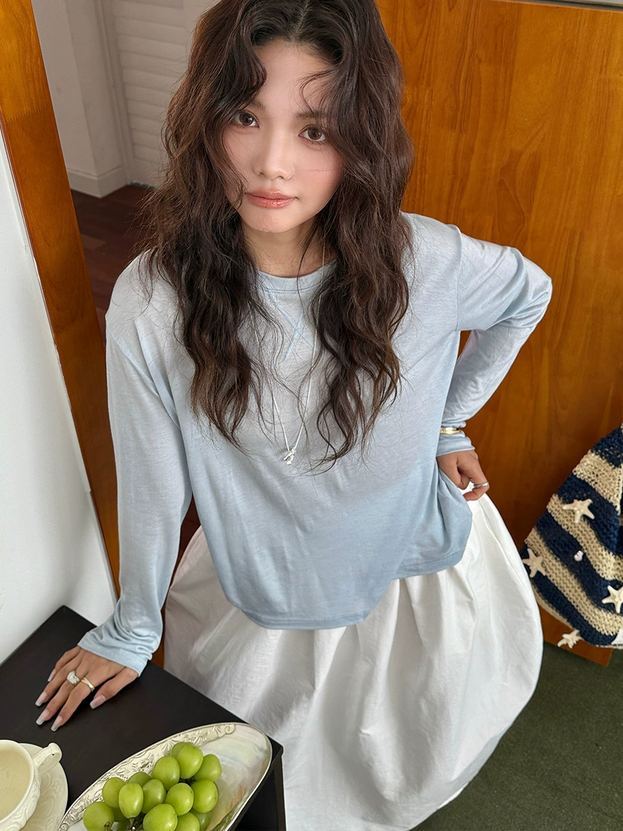 Long-Sleeve Round-Neck Top, lightweight wool blend, summer solid, one size (2–10 colors)