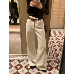 黑豆哼哼 雪线信标*米杏色牛仔裤女秋显瘦百搭微阔拖地长裤送腰带