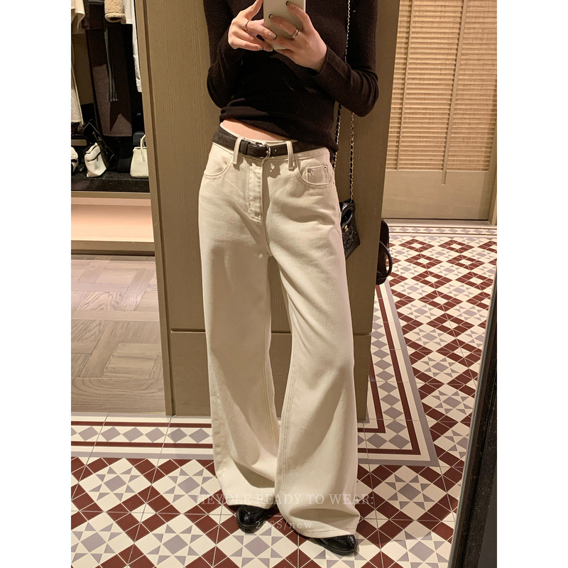 Black Bean Hum Hum Snowline Beacon * Beige Denim Jeans for Women, Autumn Slimming Versatile Slightly Wide Floor-Length Pants with Belt