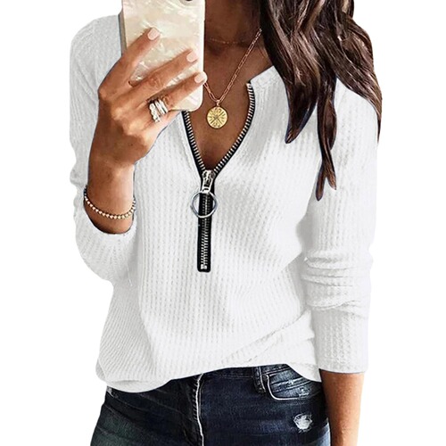  Autumn/Winter Honeycomb Knit V-Neck Zipper Long-Sleeve Plus Size T-Shirt for Women Casual Versatile European and American Style