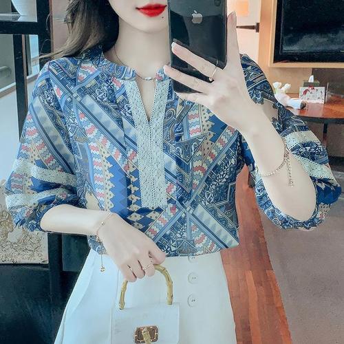 Five-Sleeve Ethnic Style Chiffon Top for Women - Summer New Arrival Loose Print Small Collar Medium-Sleeve Stylish Lightweight Shirt