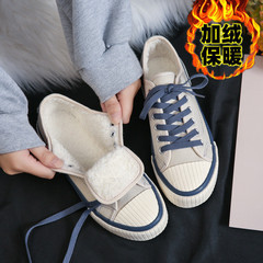 Fubu 2023 Winter Flat Slip-On Round Head Low-Top Women's Canvas Snow Boot Plain Casual White Shoes with Fleece Lining and Thick Padding