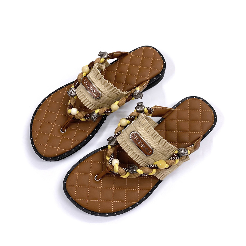 New Retro Woven Women's Slippers, Thick-Soled Bohemian Style Beach Sandals, Versatile Flat Shoes, Flip-Flops for Outdoor Wear