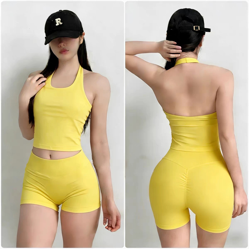 Hot Selling Dfyne Seamless Yoga Backless Halter Anti-Exposure Sports Vest Wide Strap Halter Shorts Set for Women