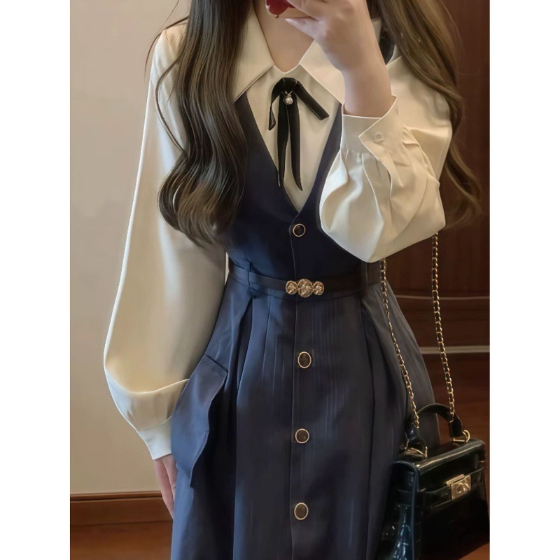 日系甜美清新学院风蝴蝶结翻领长袖衬衫学生收腰褶皱减龄背带裙潮|undefined