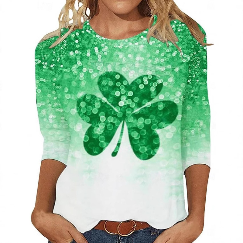 2025 Cross-border Independent Station St. Patrick's Day Shamrock New Round Neck Long Sleeve T-shirt Casual Digital Printing