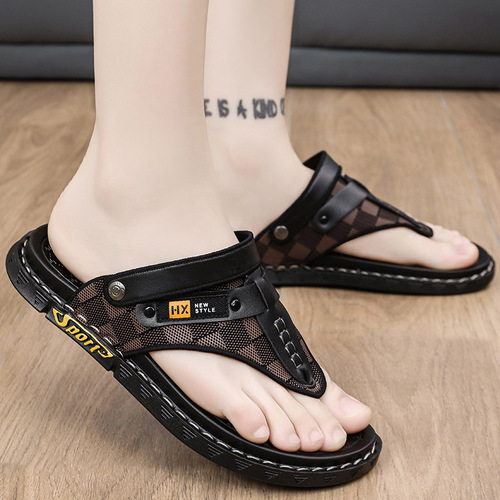 Summer Dual-Purpose Men's Driving Sandals Beach Trendy Outdoor Waterproof Herringbone Slippers with Toe Straps