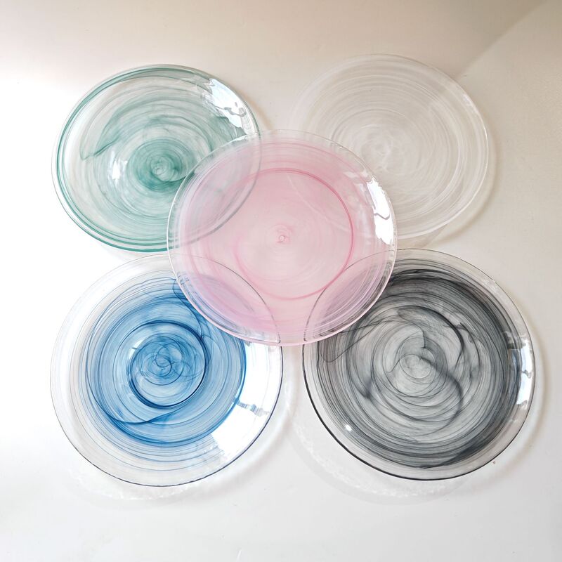 High-Quality Glass Dinner Plate with Colorful Spiral Pattern, Artistic Plate for Western Cuisine and Fruit, Light Luxury Transparent Creative Plate