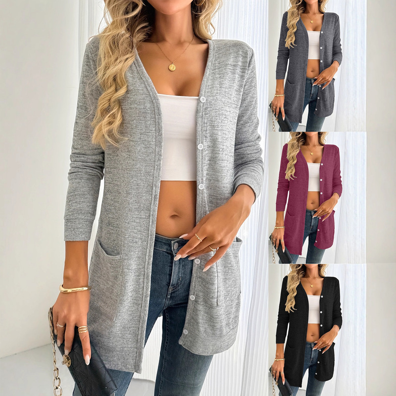 Amazon 2025 European and American Cross-Border Foreign Trade Autumn and Winter Solid Color Loose Long-Sleeve Pocket Cardigan Jacket Women's New Style