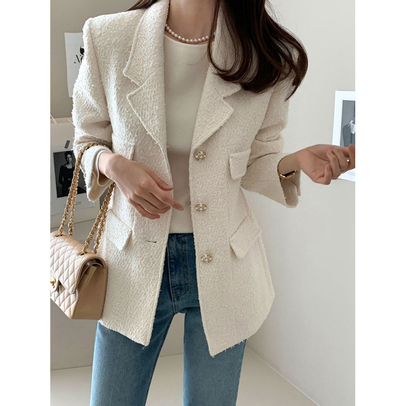 Elegant Fashion South Korea Dongdaemun Chic Coat Slim Fit Fake Pocket Tweed Blazer
