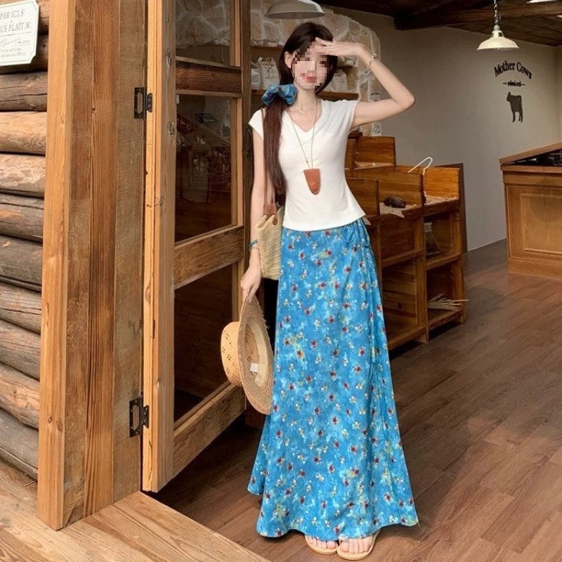 蓝色碎花油画系带半身裙女2025夏季新款高腰显瘦复古字长裙子|undefined