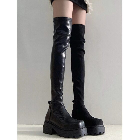 Stretch Skinny Over-the-Knee Boots Women's Autumn and Winter New Thick Heel Thick Bottom High Knights Boots Women's Patent Leather