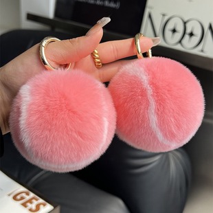 Cute plush little tennis ball car keychain pendant real rex rabbit fur ins bag pendant fur ball pendant ins style