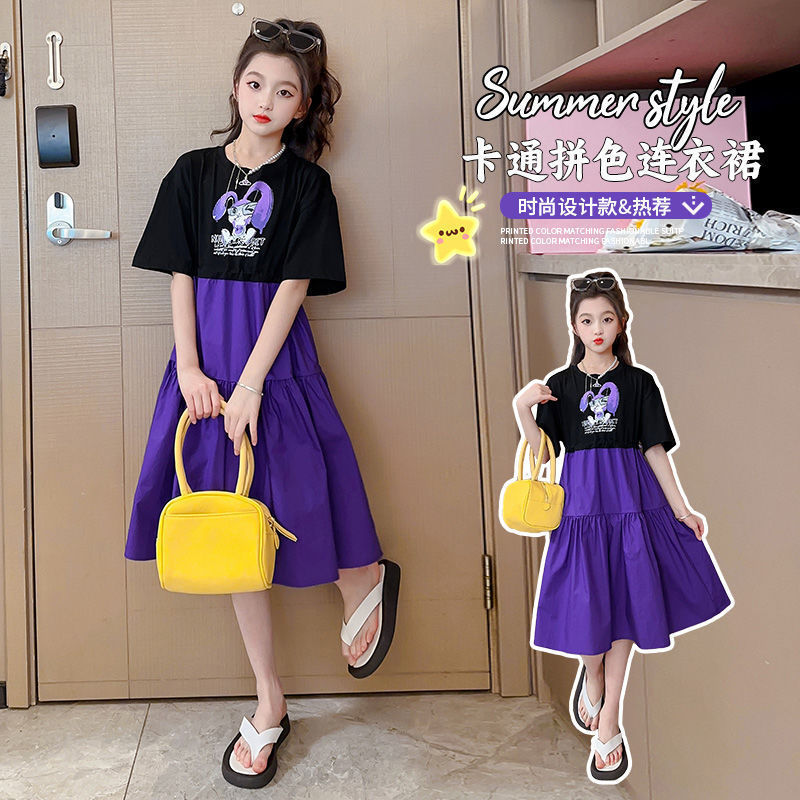 网红女童夏季新款男韩版时髦短袖连衣裙儿童洋气卡通拼色公主裙