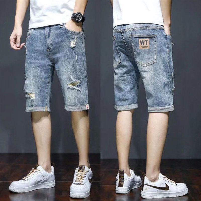 Men's Denim Shorts Summer Thin Loose Korean Style Trendy Ripped Straight Casual Trendy Brand Mid-Length Shorts