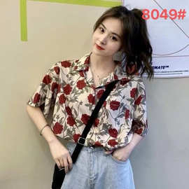 韩版港风宽松衬衫短袖女学生复古印花雪纺衬衣小众设计感防晒衣潮