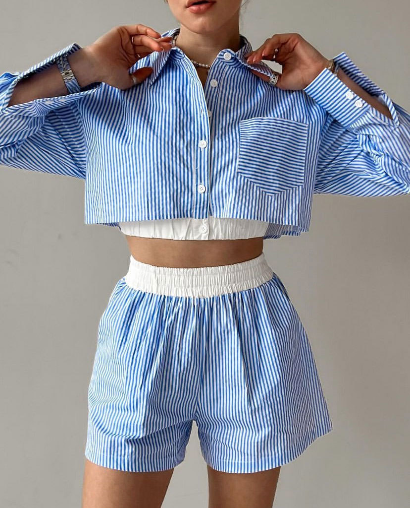 Striped Shirt Long Sleeve Ladies Two Piece Set Casual Elastic Waist Shorts Suit Summer
