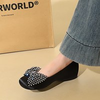 837-H122 French Fashion Silk One Step Comfortable Inner Height Increase Middle Heel Water Diamond Bow Square Head Single Shoes for Women