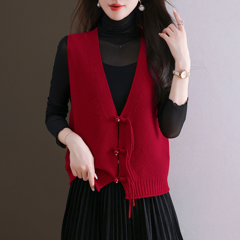 High-grade wool knitted vest women's new Chinese-style sweater cardigan autumn and winter new fashion loose simple waistcoat vest