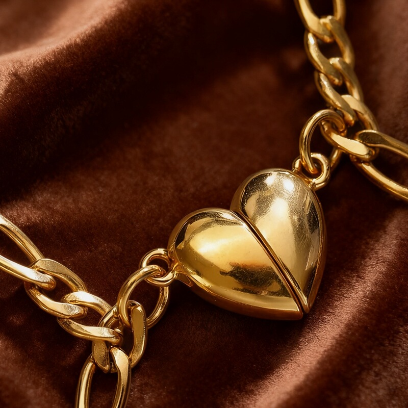 Golden Heart Connecting Couple Bracelets, European and American Style Figaro Chain, Valentine's Day Gift Jewelry