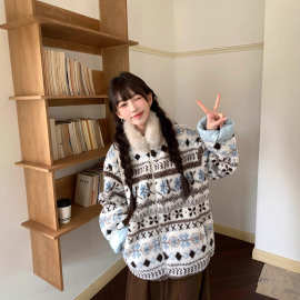 实拍~2025新款费尔岛毛领外套女秋冬加厚保暖洋气开衫毛衣女装