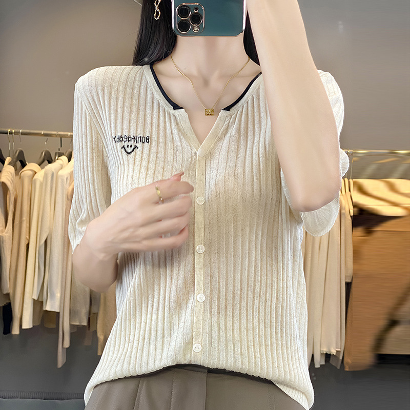 Summer New Half-Open Collar Tencel Short-Sleeved Knitted Cardigan for Women Loose Pit T-Shirt Top with Smiley Shirt