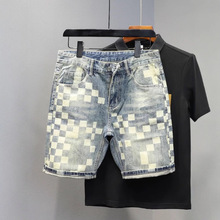夏季新款男士牛仔短裤潮牌痞帅格子拼接设计感宽松直筒百搭五分裤
