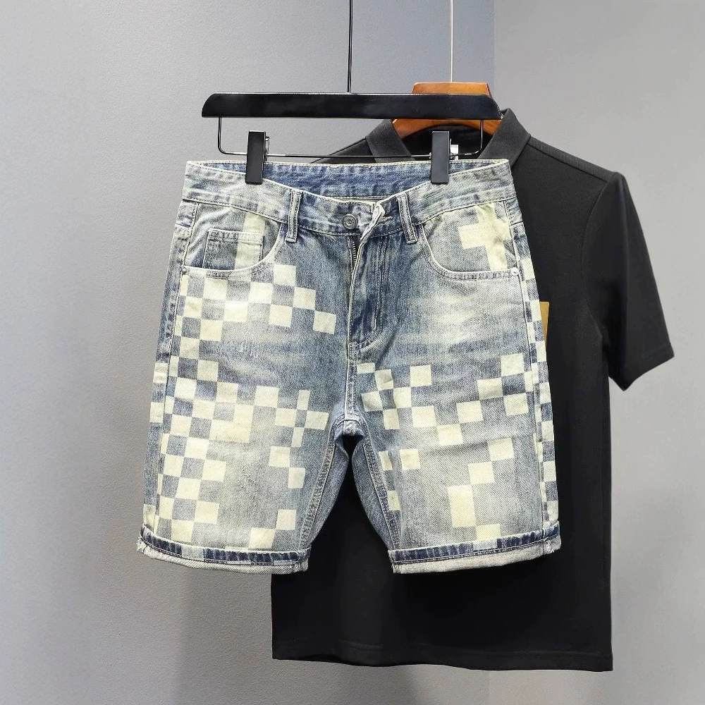 Новые летние мужские джинсовые шорты, модные брендовые стильные клетчатые лоскутные шорты, свободные прямые универсальные шорты длиной до колена