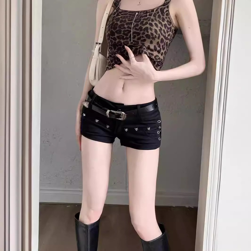 Black Elastic Low Waist Denim Shorts Women's Summer Hot Pants for Hot Girls Small Sexy Tight Slim Wide Leg Pants