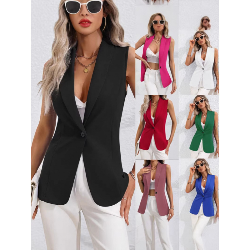 2026 Spring and Autumn New European and American Cross-Border Amazon Solid Color Cardigan Single Button Jacket Sleeveless Round Neck Coat for Women