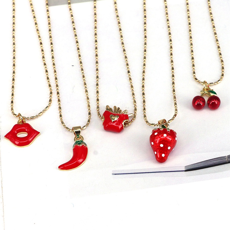 1 Piece Quantity Sweet Cherry Fruit Strawberry Alloy Copper  Pendant Necklaces Wholesale