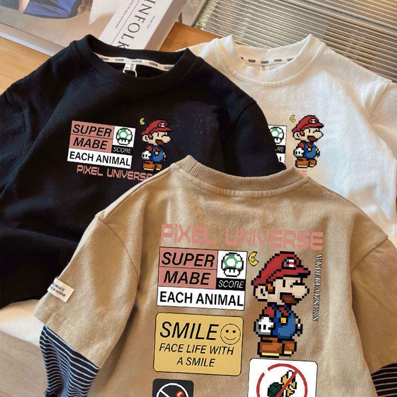 Camiseta de algodón de manga larga para niños falso de dos piezas 2023 nueva primavera y otoño camisa de fondo de moda estilo occidental ropa para niños Top t