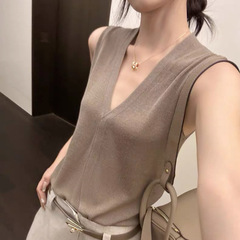 清透老钱系 天丝亚麻v领无袖轻薄针织设计感背心上衣