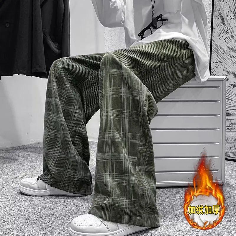 加绒裤子男秋冬款宽松直筒阔腿灯芯绒裤潮牌青少年格子休闲长裤男