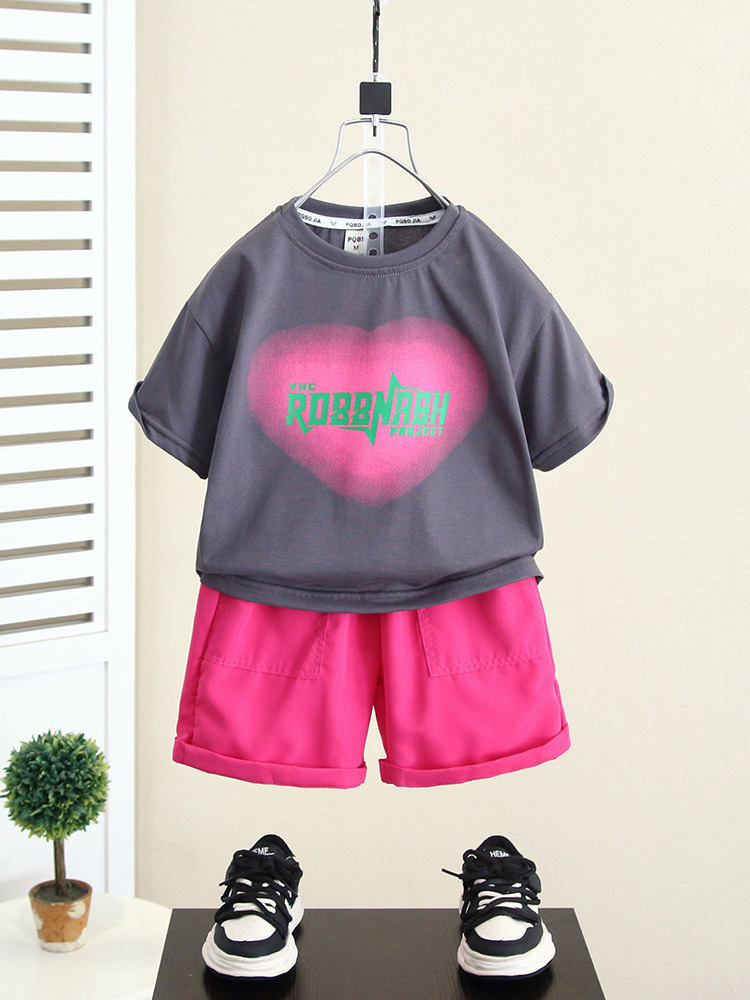 5529 Traje de verano para bebés Traje de dos piezas de manga corta de verano para niños 2025 Nuevo estilo de verano Estilo de media manga de calle frita