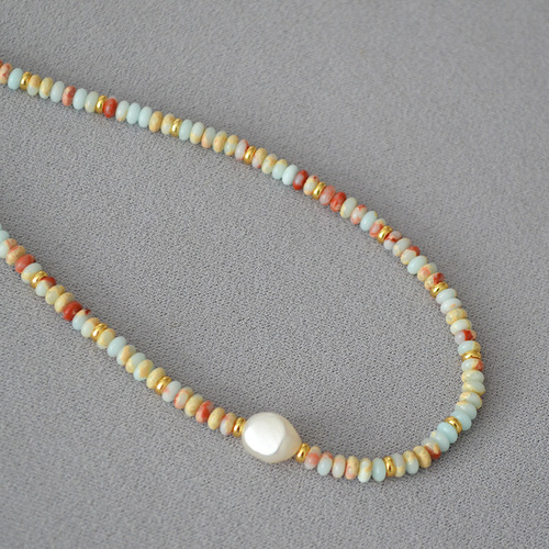 European and American exotic literary retro ocean vacation style blue pattern stone real stone beaded necklace for women with temperament