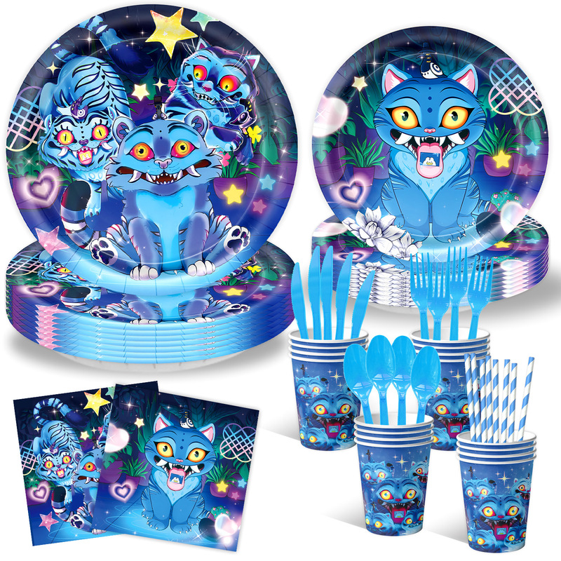 新款猎魔女团宠物老虎kpop主题生日派对装饰纸盘纸杯桌布螺旋挂饰|undefined