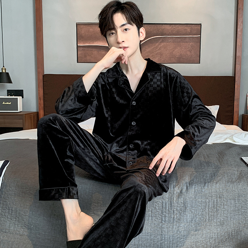 New black gold velvet pajamas men's spring and autumn long sleeve plus size winter home wear loose casual suit