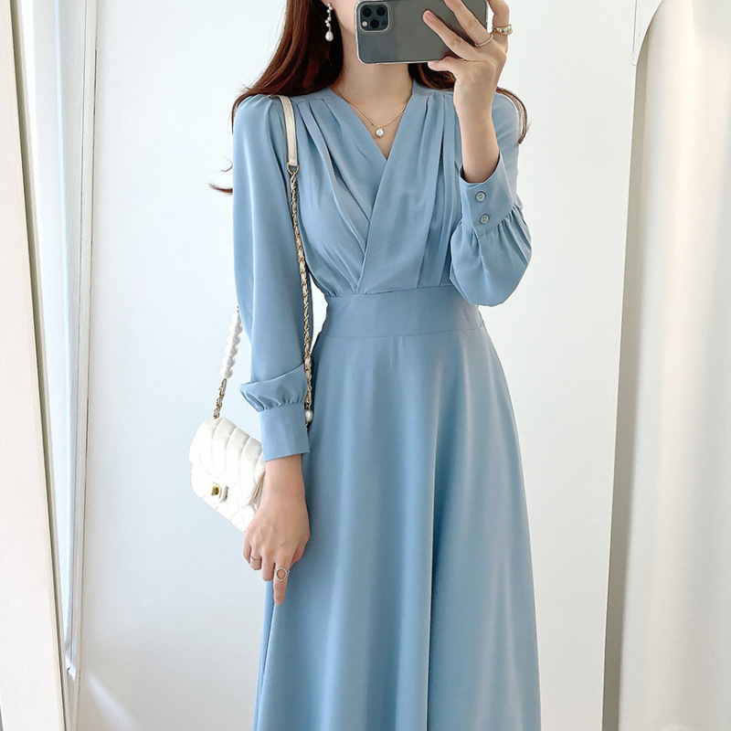 2026 Spring and Autumn New Korean Chic Style Design Waist-Slimming V-Neck Long Dress for Women