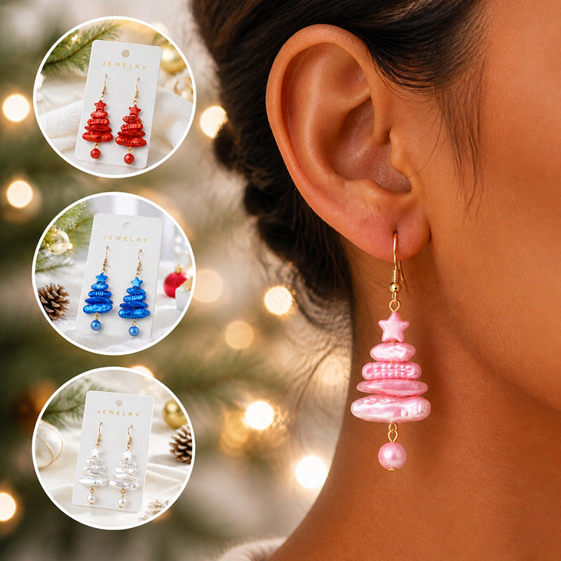 Christmas Irregular Imitation Pearl Christmas Tree Earrings Star Pendant Ear Hooks Festive Atmosphere Niche Design Earrings