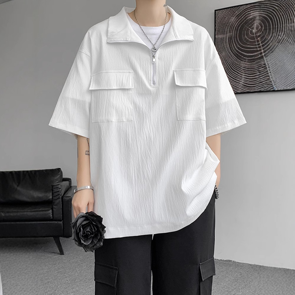 Ice Silk Short-sleeved T-shirt Men's Summer Trendy Brand Korean Style Workwear Half-sleeved Shirt High Street Loose Half-zipper Polo Shirt