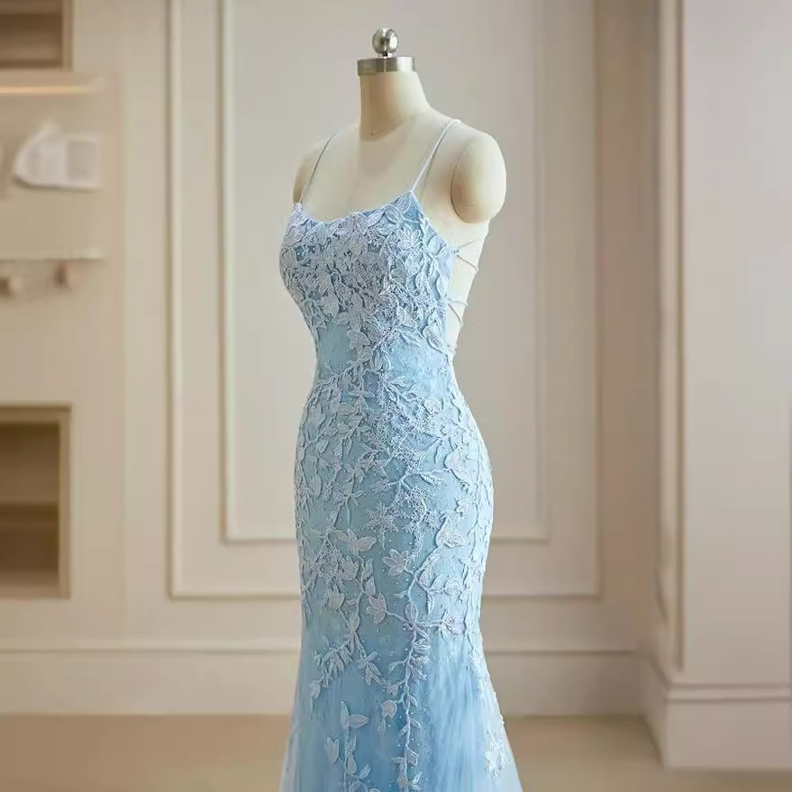 2025 Lace Applique Mermaid Tail Prom Dress Tulle Evening Dress Spaghetti Strap Formal Dress Women's Foreign Trade