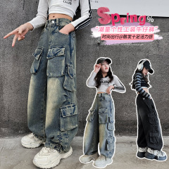 女童重工洋氣炸街多口袋休閒純色工裝牛仔褲2024春秋款韓版長褲潮