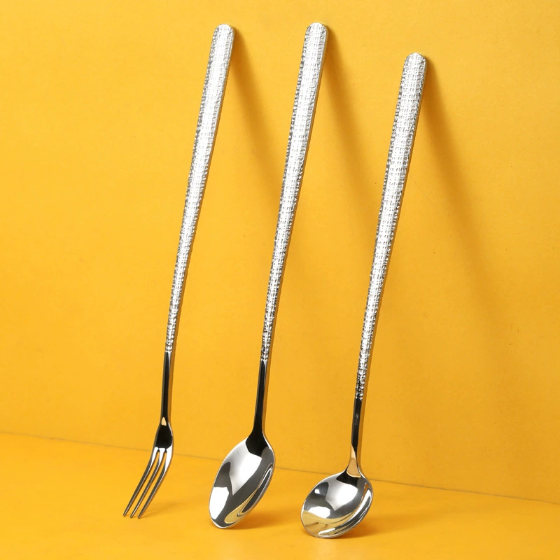 Ложка для льда из нержавеющей стали 304 с элегантной тканевой текстурой, ложка с длинной ручкой и ромбовидным узором, ложка для перемешивания и вилка для десертов, молочного чая, меда, напитков и приправ.