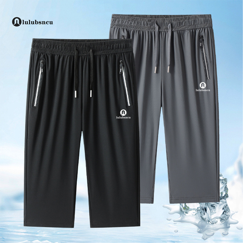 Lulu Ice Silk Cropped Pants for Men, Summer Loose Thin Over-The-Knee Sports Casual Straight-Leg Shorts with Stretch