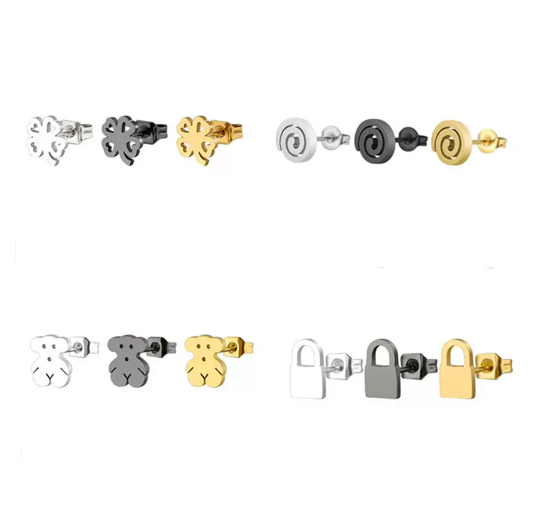 韩版时尚小熊四叶草钛钢耳钉真空镀色耳骨钉耳饰