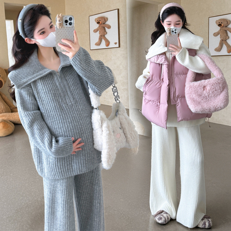 孕妇装棉马甲毛衣秋软糯亲肤拉链时尚翻领毛衣休闲款时尚宽松套装|undefined