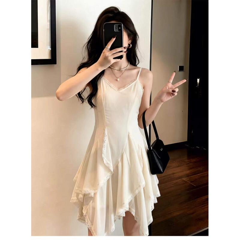 Thickened Chiffon Fabric + Lining, Sheer Lace Camisole Dress for Women, 2026 Summer New Style, Irregular Short Dress Thickened Chiffon Fabric + Lining, Sheer Lace Camisole Dress for Women, 2026 Summer New Style, Irregular Short Dress