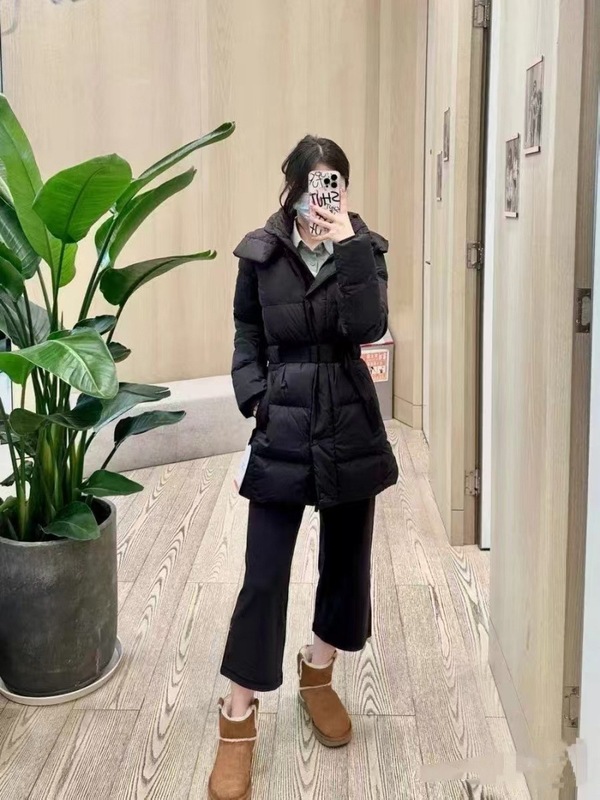 25新款女式腰带中长款连帽羽绒服收腰显瘦美腿羽绒外套大衣|undefined